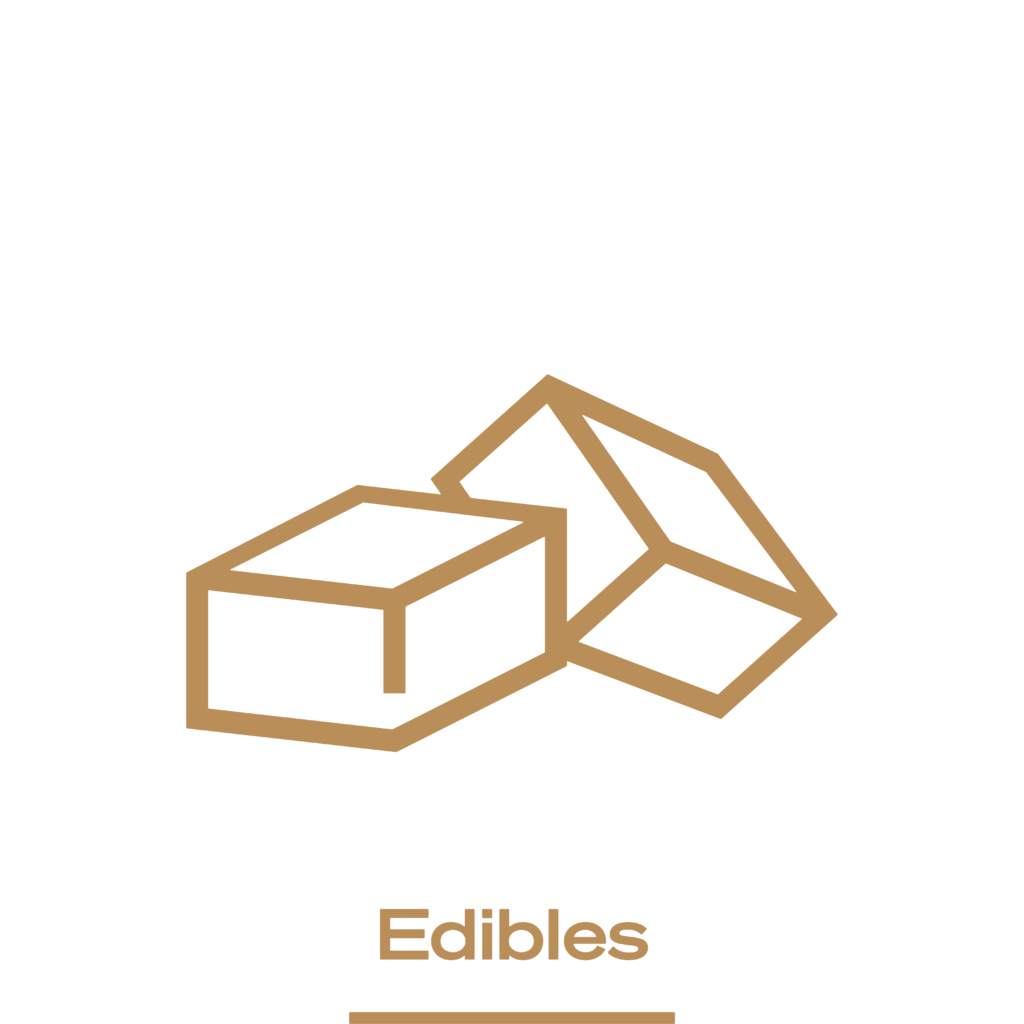 Icon of cannabis edibles in gold tones on a black background, used as a button on High Ties Cannabis Dispensary's website.