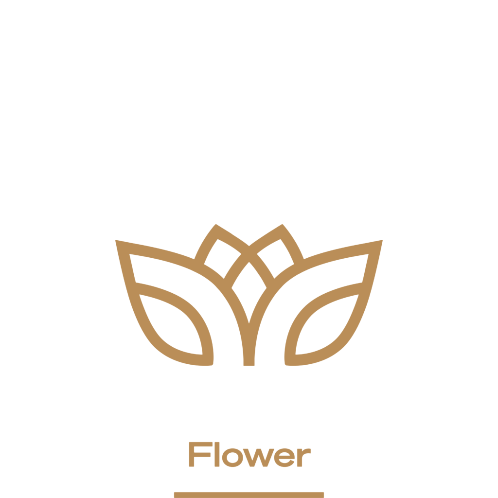 Icon of a stylized cannabis flower in gold tones on a black background, used as a button on High Ties Cannabis Dispensary's website.