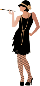 Illustration of a flapper girl in a black dress and pearls, smoking with a cigarette holder, used on the main page of High Ties Cannabis Dispensary's website.