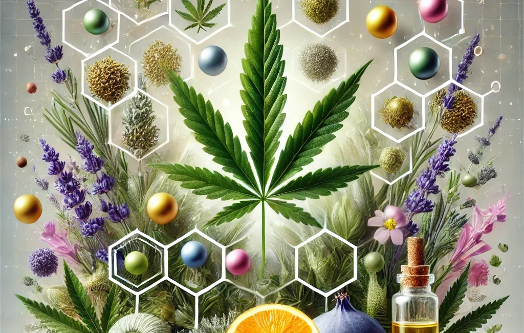 A vibrant cannabis leaf surrounded by aromatic elements such as lavender, citrus fruits, pine cones, and black pepper, representing the diverse terpene profiles in cannabis. The modern, clean design emphasizes the connection between nature and science.